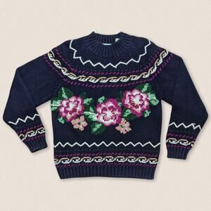 Vintage Floral Knit Grandma Sweater Silvercord - Size Medium